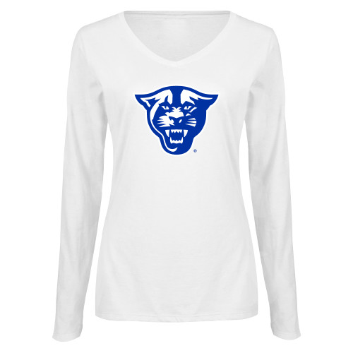  Womens White Long Sleeve V Neck Tee - Panther Head