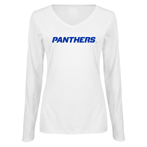  Womens White Long Sleeve V Neck Tee - Panthers Wordmark