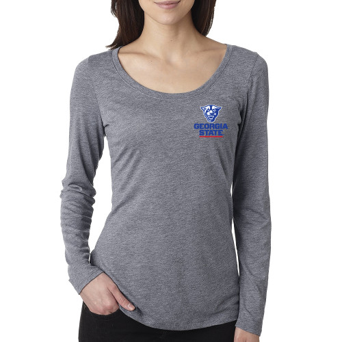  Next Level Womens Premium Heather Triblend Long Sleeve Scoop Tee - Panther Head over Stacked Logo
