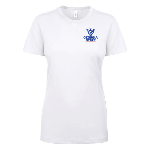  Next Level Womens White Ideal T Shirt - Panther Head over Stacked Logo
