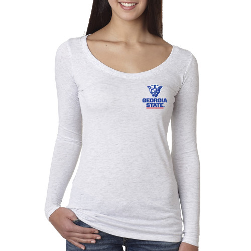  Next Level Womens Heather White Triblend Long Sleeve Scoop Tee - Panther Head over Stacked Logo