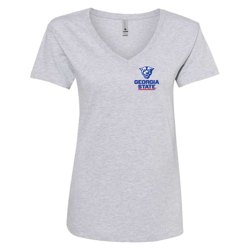  Next Level Womens Heather Grey Cotton V Neck Tee - Panther Head over Stacked Logo