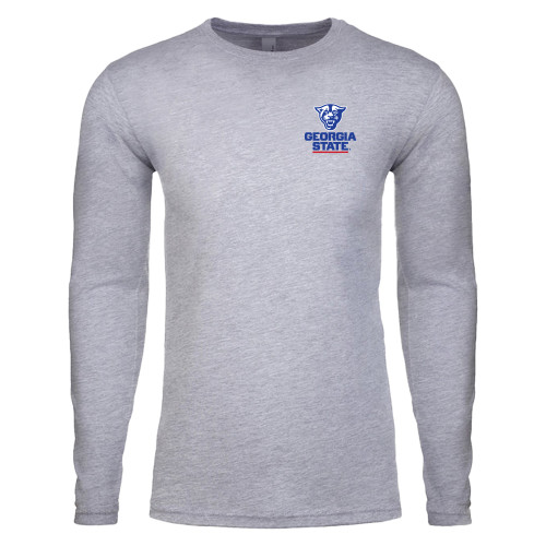  Next Level Heather Grey Cotton Long Sleeve Tee - Panther Head over Stacked Logo