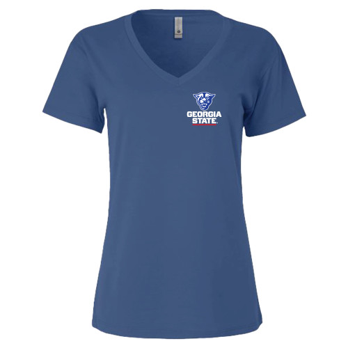  Next Level Womens Royal Cotton V Neck Tee - Panther Head over Stacked Logo
