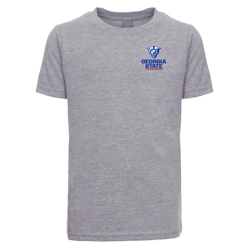  Next Level Youth Heather Grey Cotton Tee - Panther Head over Stacked Logo