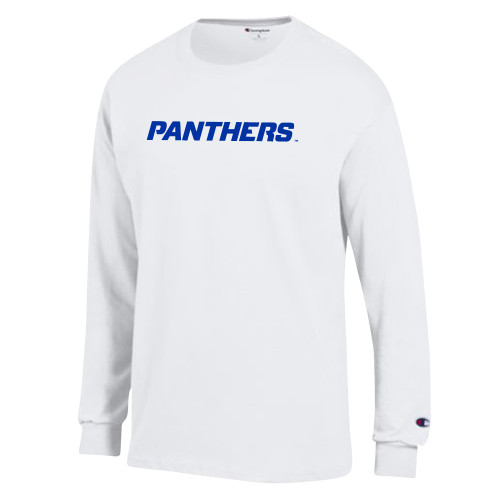  Champion White Long Sleeve T Shirt - Panthers Wordmark