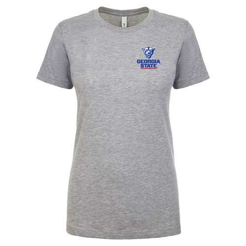  Next Level Womens Heather Grey Ideal T Shirt - Panther Head over Stacked Logo