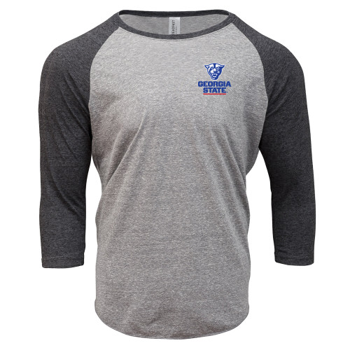  Threadfast Unisex Black Triblend 3/4 Sleeve Raglan - Panther Head over Stacked Logo