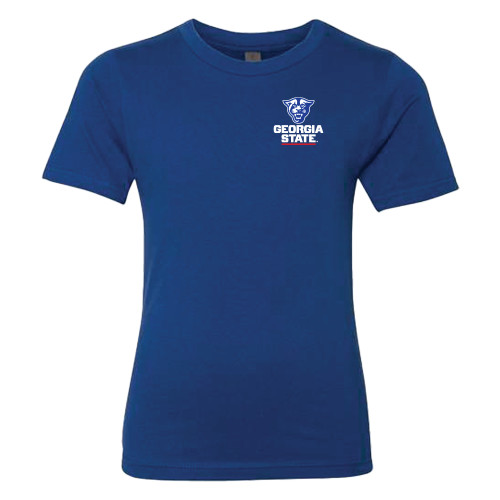  Next Level Youth Royal Cotton Tee - Panther Head over Stacked Logo