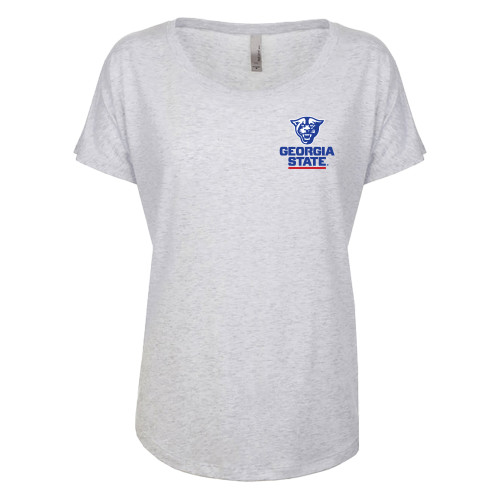  Next Level Womens Heather White Triblend Dolman Tee - Panther Head over Stacked Logo