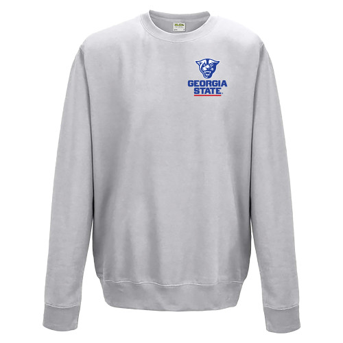  Just Hoods Ash College Fleece Crew - Panther Head over Stacked Logo