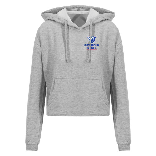  Just Hoods Womens Heather Grey Cropped Hoodie - Panther Head over Stacked Logo