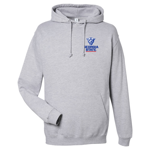  Just Hoods Heather Grey College Fleece Hoodie - Panther Head over Stacked Logo