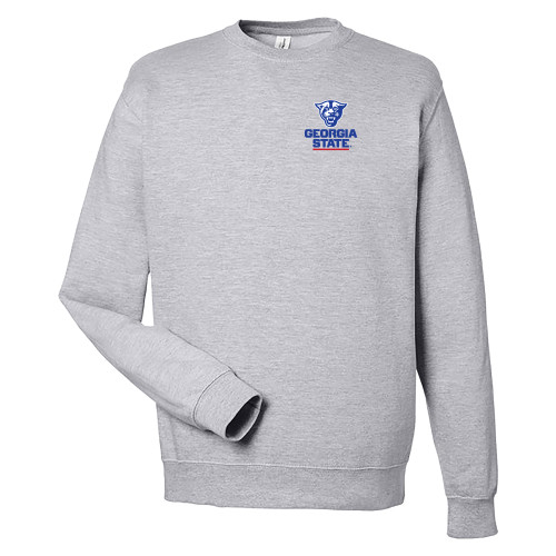  Just Hoods Heather Grey College Fleece Crew - Panther Head over Stacked Logo