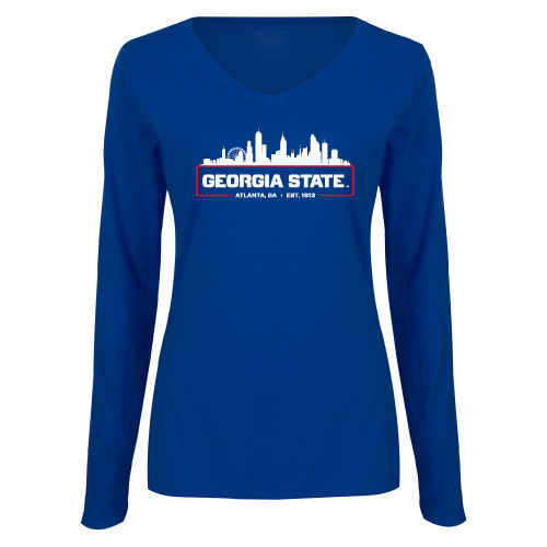  Womens Royal Long Sleeve V Neck Tee  - Atlanta Skyline