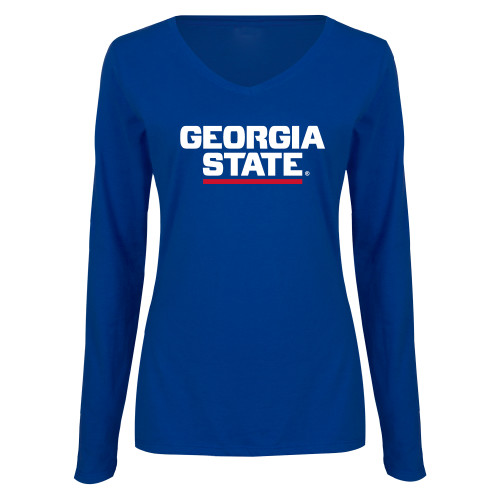  Womens Royal Long Sleeve V Neck Tee  - Stacked Logo