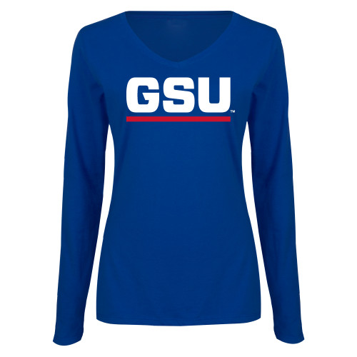  Womens Royal Long Sleeve V Neck Tee  - GSU Logo