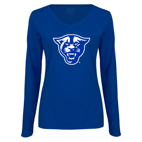  Womens Royal Long Sleeve V Neck Tee  - Panther Head