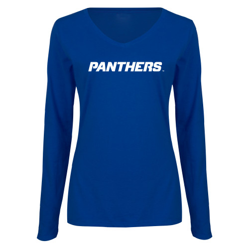  Womens Royal Long Sleeve V Neck Tee  - Panthers Wordmark