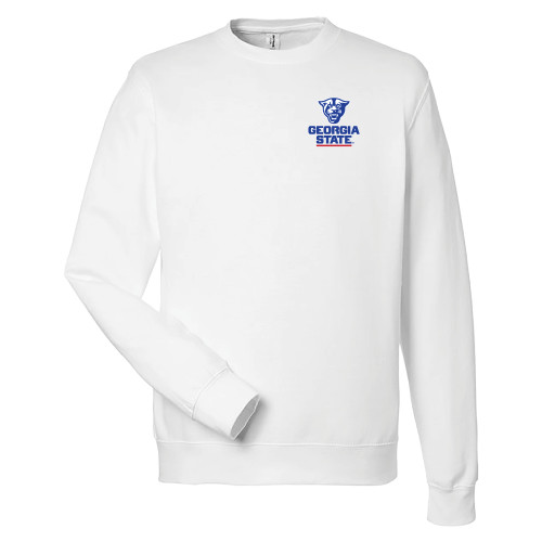  Just Hoods Arctic White College Fleece Crew - Panther Head over Stacked Logo