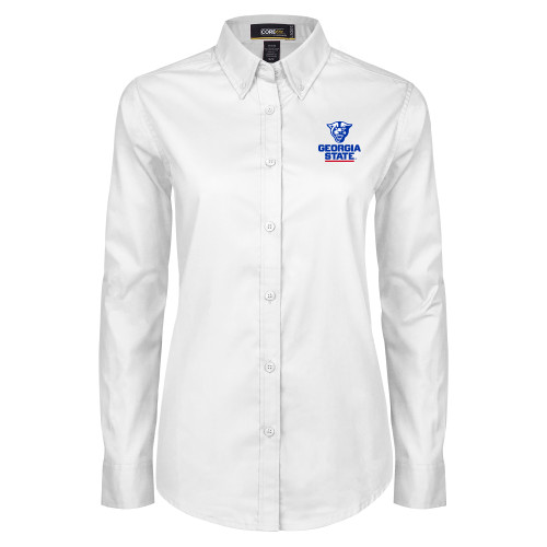 Georgia State Womens White Twill Button Down Long Sleev