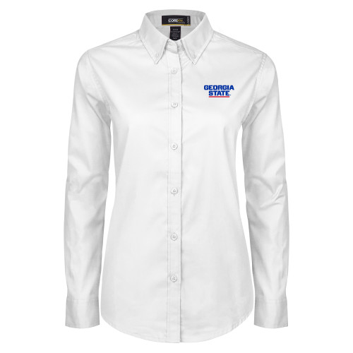 Georgia State Womens White Twill Button Down Long Sleev