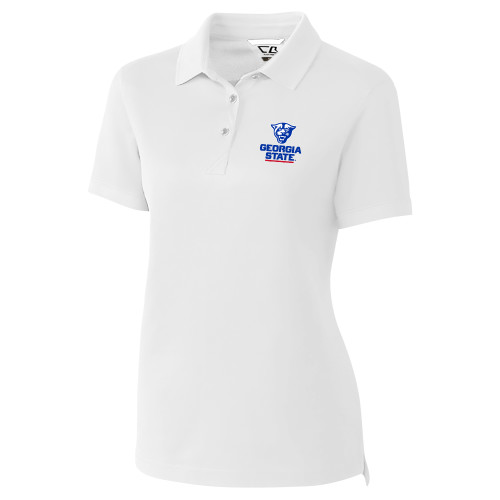  C&B Womens White Advantage Polo - Panther Head over Stacked Logo