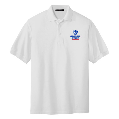  White Silk Touch Polo - Panther Head over Stacked Logo