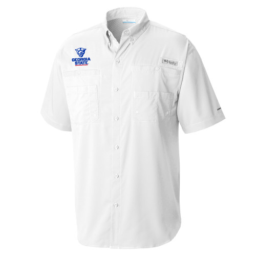  Columbia White Tamiami Performance Short Sleeve Shirt - Panther Head over Stacked Logo