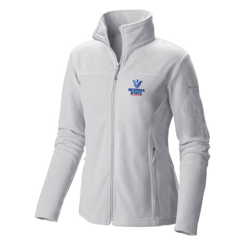  Columbia Womens Full Zip White Fleece Jacket - Panther Head over Stacked Logo