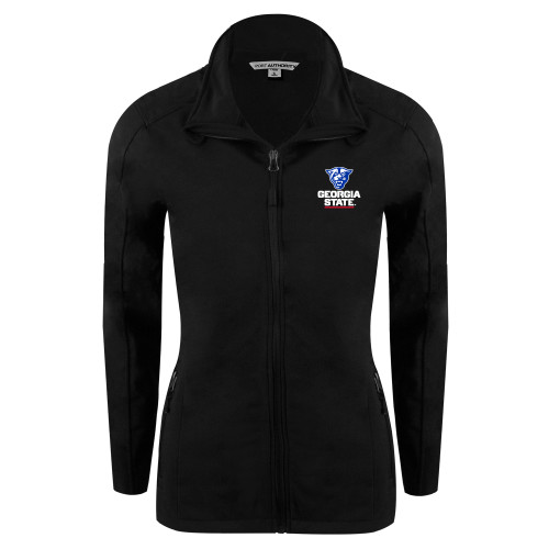  Womens Black Softshell Jacket - Panther Head over Stacked Logo