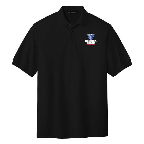  Black Silk Touch Polo - Panther Head over Stacked Logo