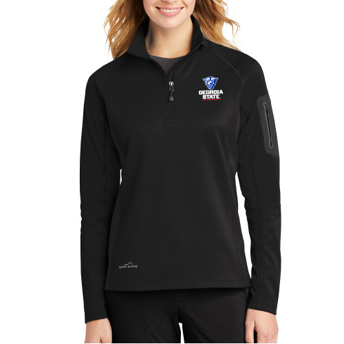  Eddie Bauer Womens Black 1/2 Zip Performance Fleece - Panther Head over Stacked Logo