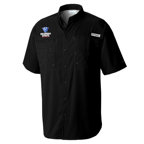  Columbia Tamiami Performance Black Short Sleeve Shirt - Panther Head over Stacked Logo