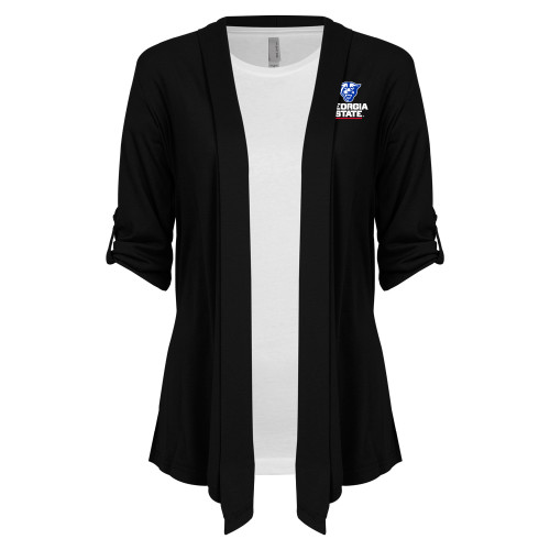  Womens Black Drape Front Cardigan Sweater - Panther Head over Stacked Logo