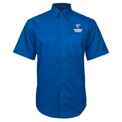  Royal Twill Button Down Short Sleeve - Panther Head over Stacked Logo