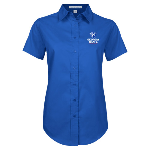  Womens Royal Twill Button Up Short Sleeve  - Panther Head over Stacked Logo