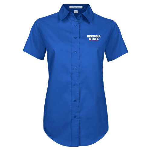  Womens Royal Twill Button Up Short Sleeve  - Stacked Logo