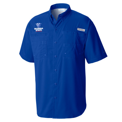  Columbia Royal Tamiami Performance Short Sleeve Shirt - Panther Head over Stacked Logo