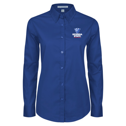  Womens Royal Twill Button Down Long Sleeve  - Panther Head over Stacked Logo