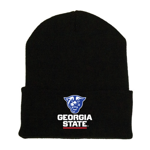  Black Beanie - Panther Head over Stacked Logo