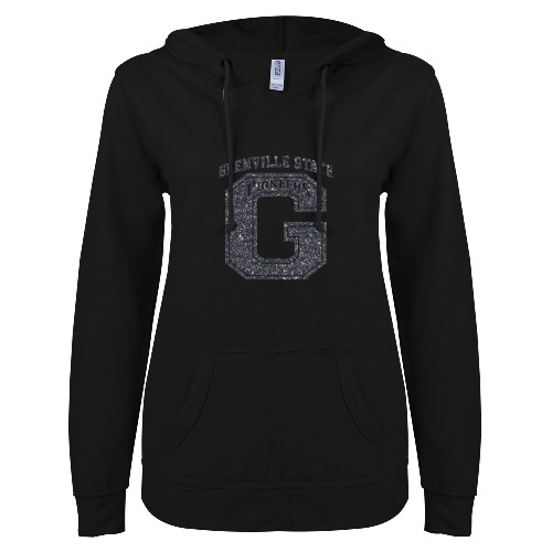  ENZA Womens Black V Notch Raw Edge Fleece Hoodie - Primary Logo Graphite Glitter