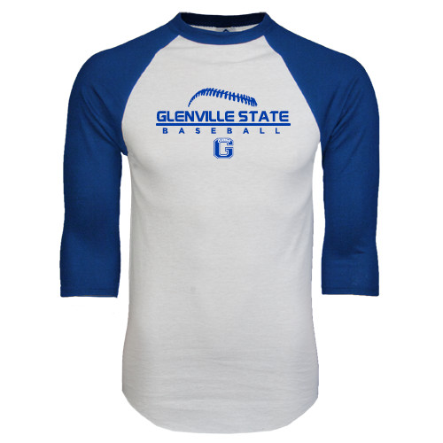  White/Royal Raglan Baseball T Shirt - Baseball Laces on Top