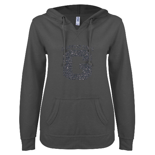  ENZA Womens Dark Heather V Notch Raw Edge Fleece Hoodie - Primary Logo Silver Soft Glitter