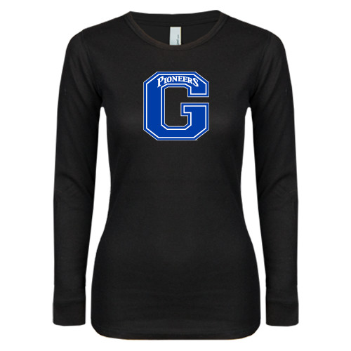 Womens Black Long Sleeve V Neck Tee  - Primary Logo