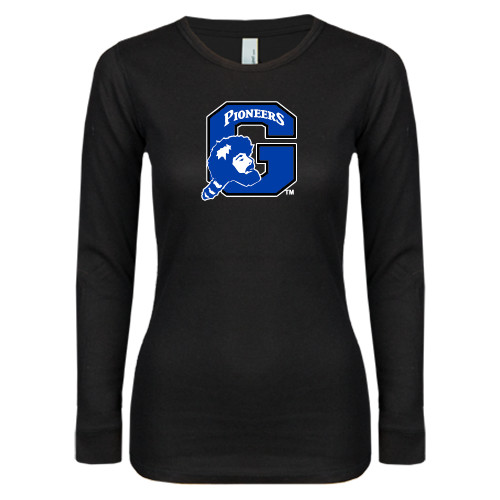  Womens Black Long Sleeve V Neck Tee  - Secondary Logo