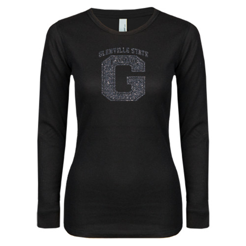  Womens Black Long Sleeve V Neck Tee  - Primary Logo Graphite Glitter