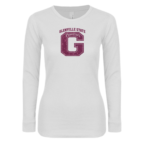 Womens White Long Sleeve V Neck Tee - Primary Logo Pink Glitter