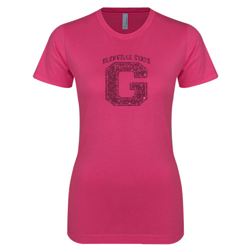  Next Level Womens Fuchsia Boyfriend Tee - Primary Logo Hot Pink Glitter