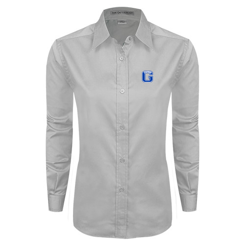  Womens White Twill Button Down Long Sleeve - Primary Logo